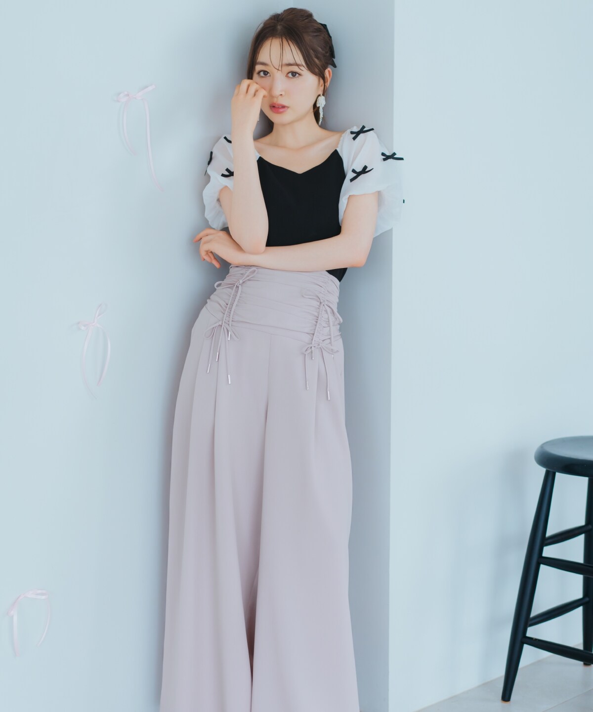 ドロスト風リボンワイドパンツ