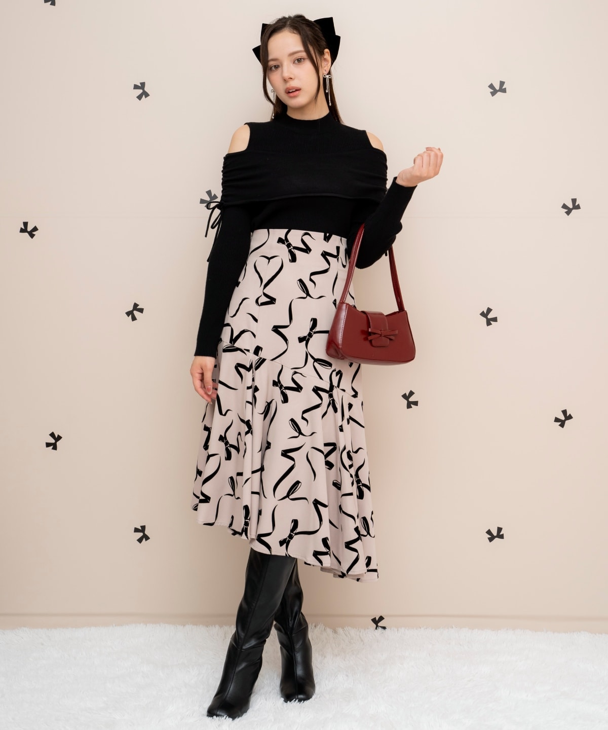 ギャザーリボンオフショルニット