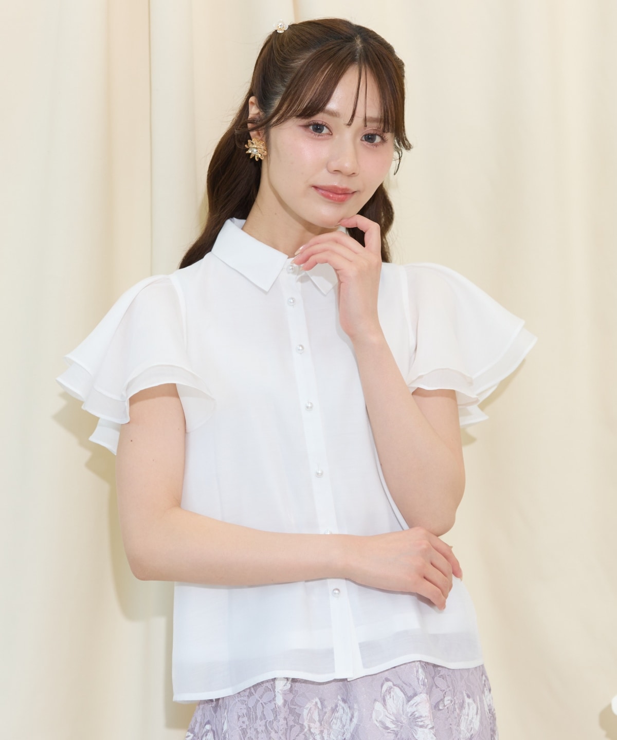 フレアスリーブリボンタイブラウス