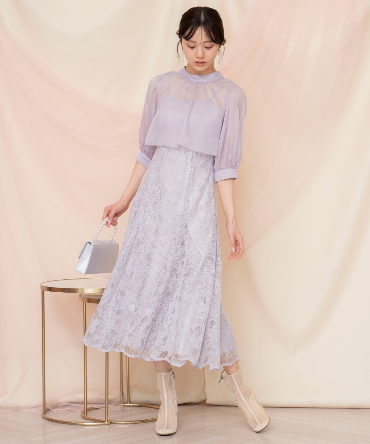 バッククロスブラウス×スパンコールレースワンピース(F ベージュ 