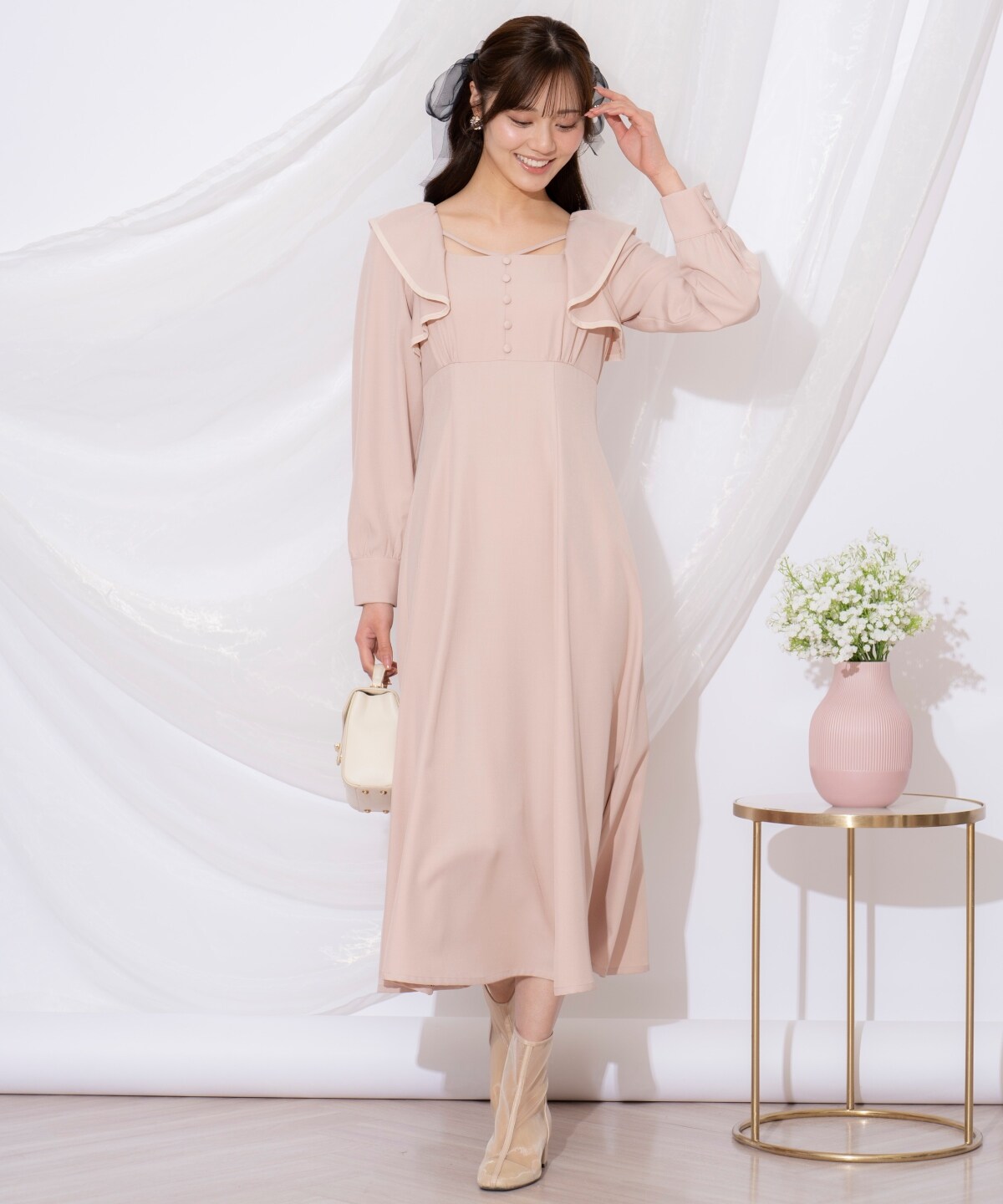 配色パイピングフリルワンピース