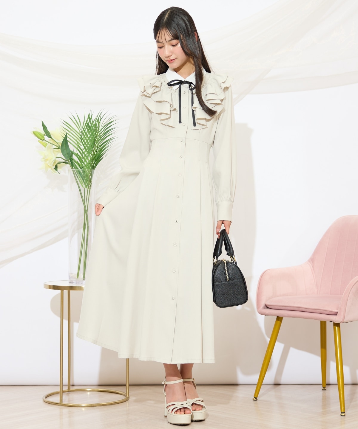 配色襟ダブルフリルシャツワンピース