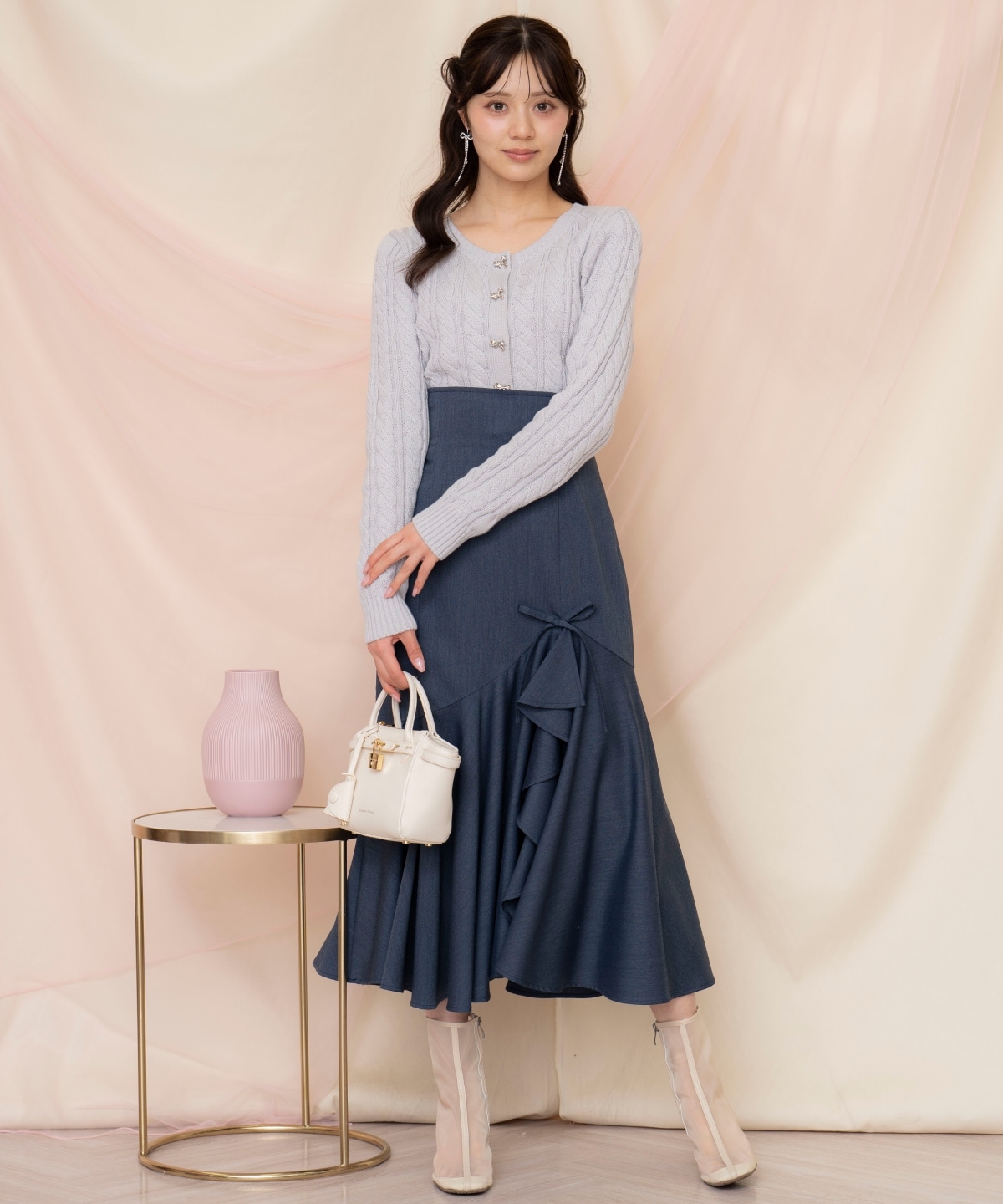 ビジューリボンケーブルカーディガン