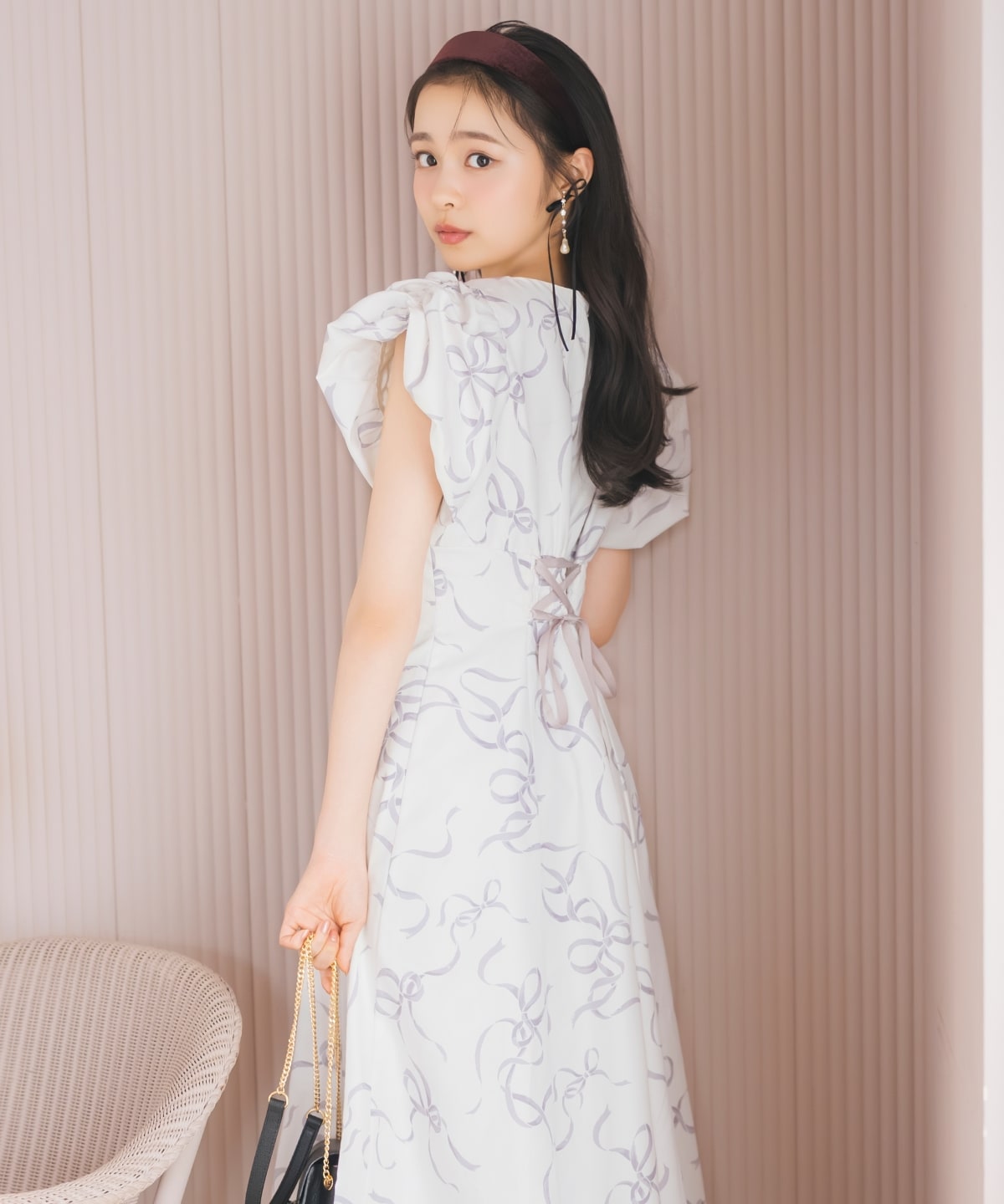 リボンプリントバブルスリーブフレアワンピース