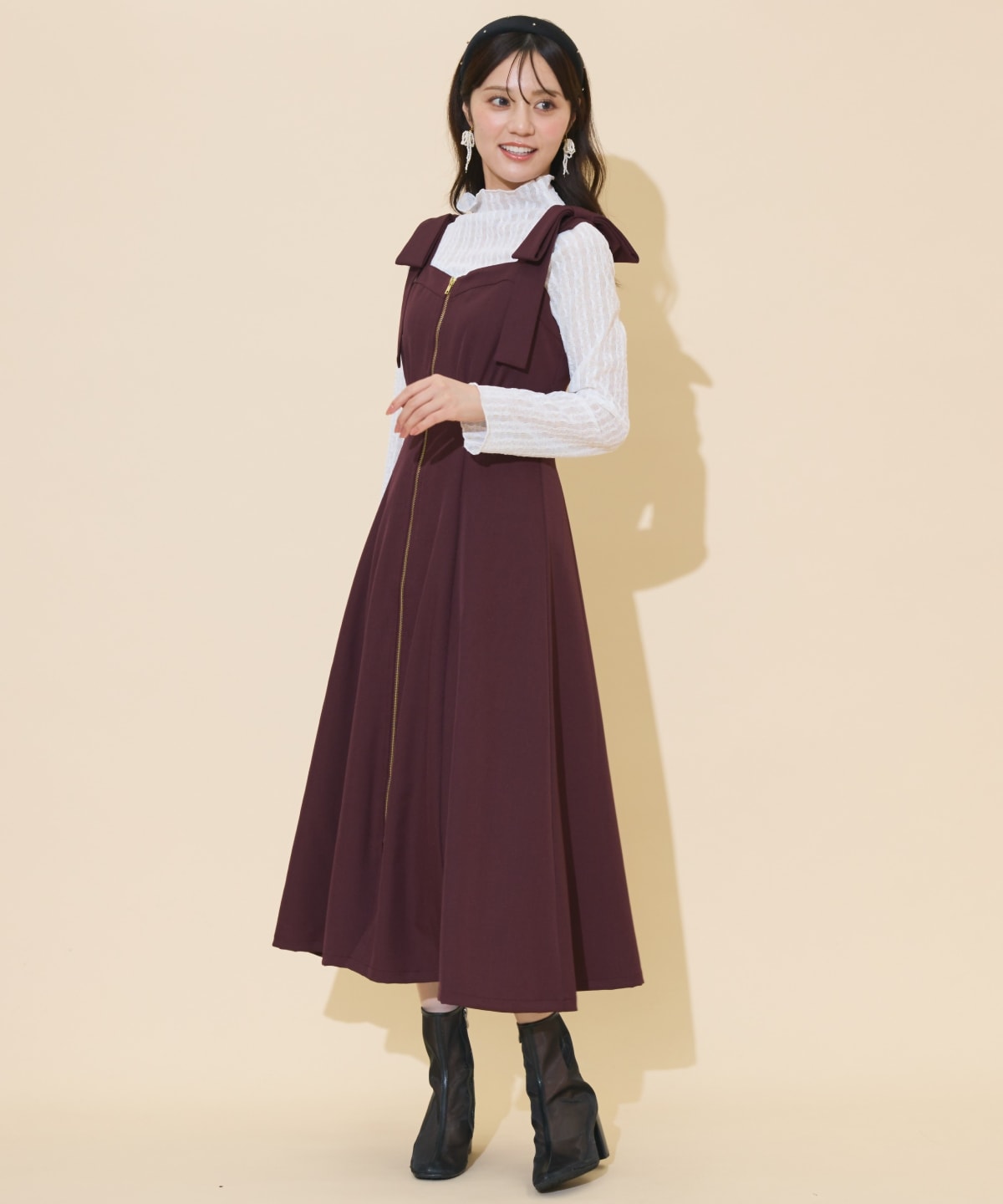 ショルダーリボンフロントZIPワンピース