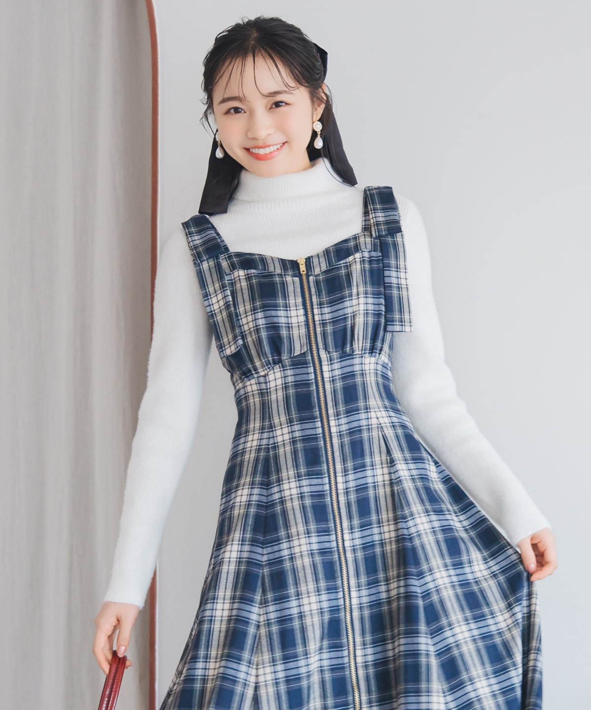 【新色追加】ショルダーリボンフロントZIPワンピース