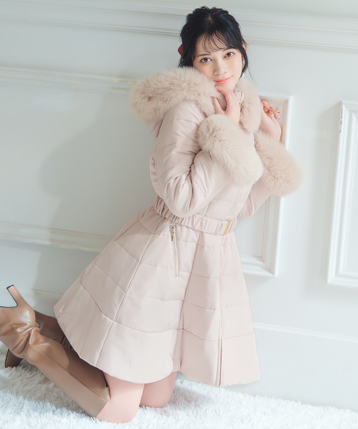 フォックスファーキルティングフレアコート