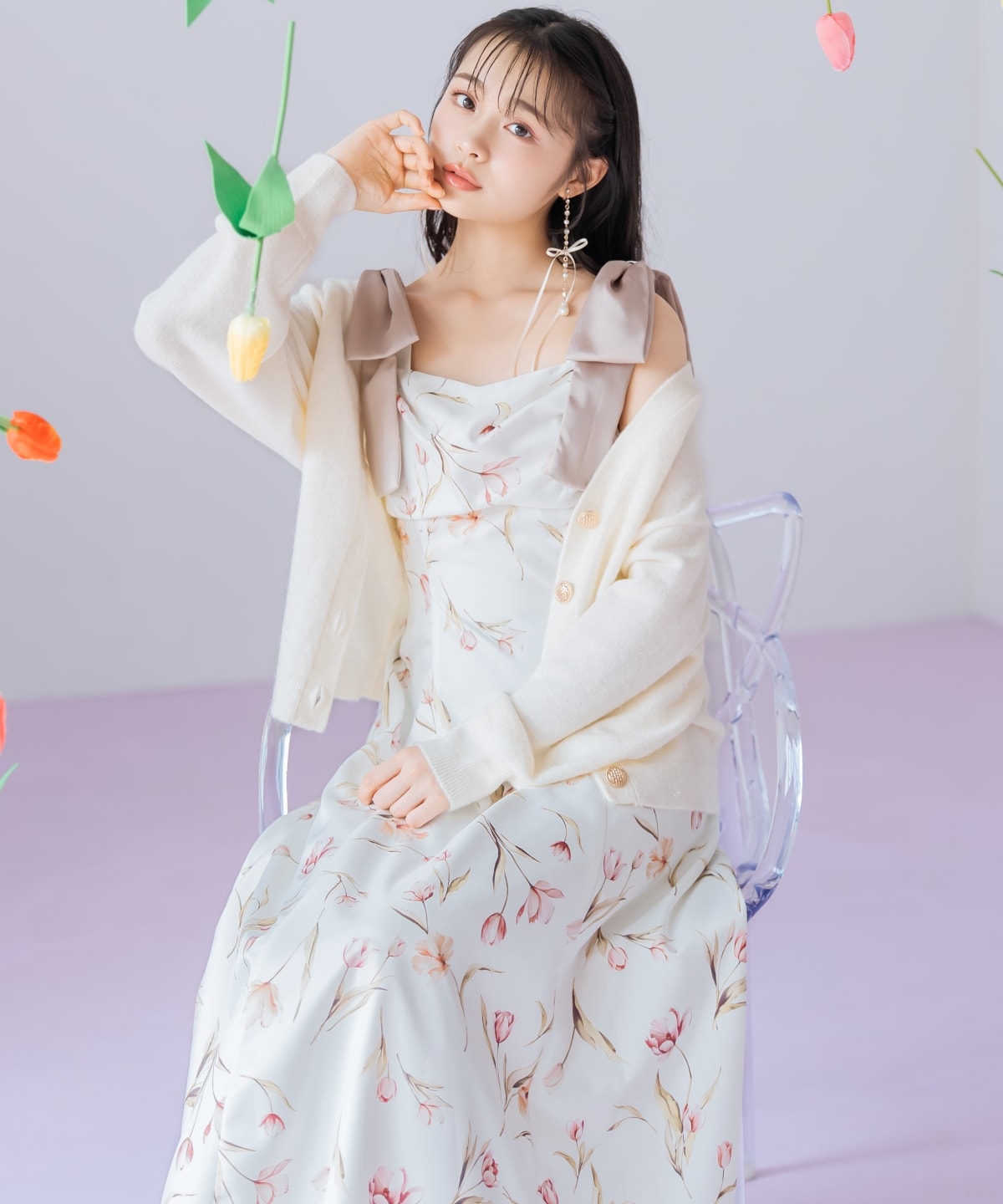 【1/14(wed)18時先行予約開始 】リボンショルダーチューリップフレアワンピース