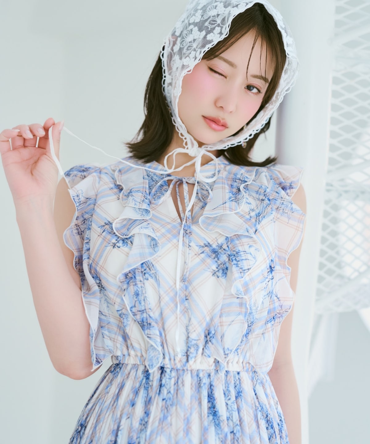 フラワーチェックプリントプリーツ切替ワンピース