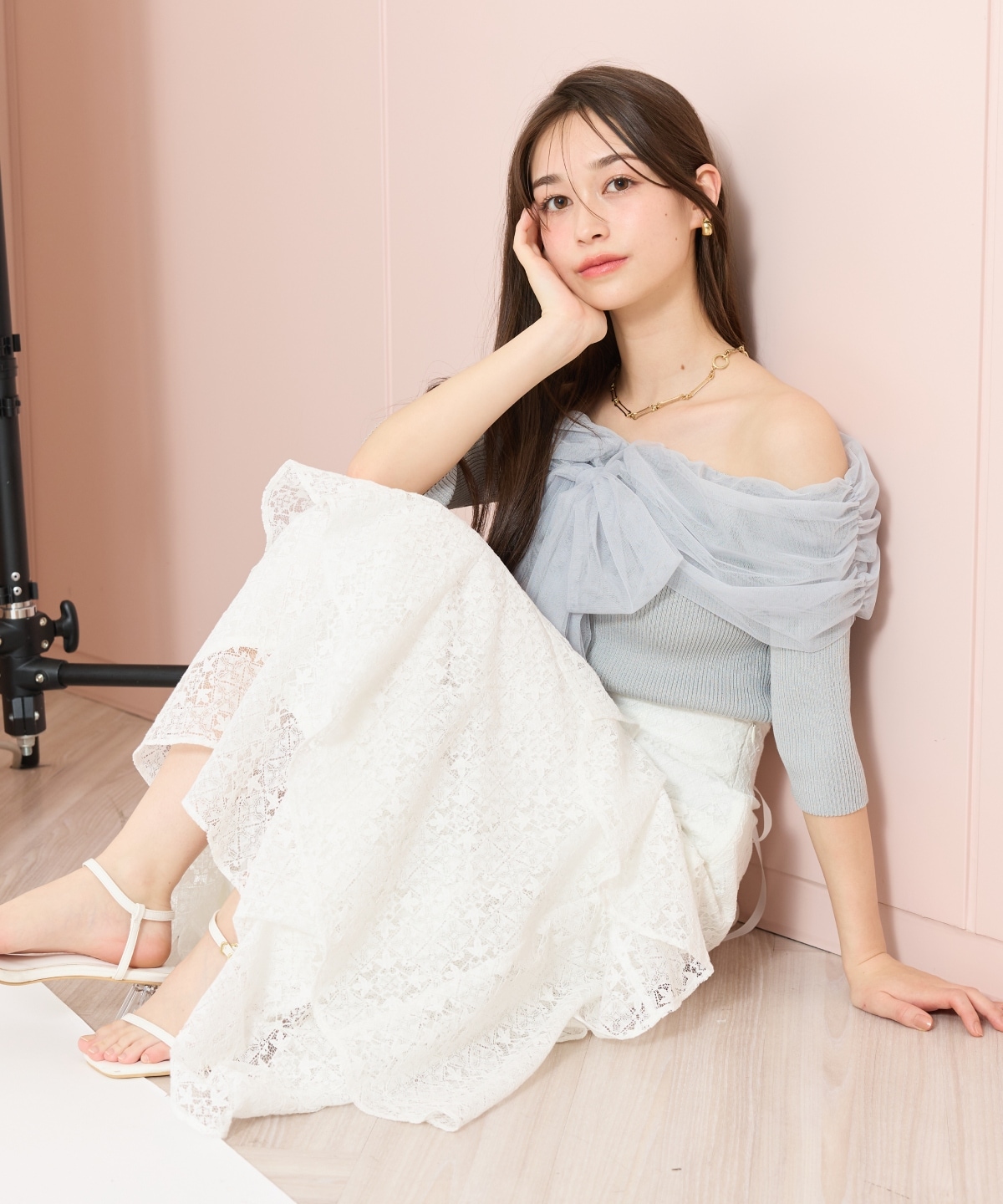 リボンチュールレイヤードリブニット