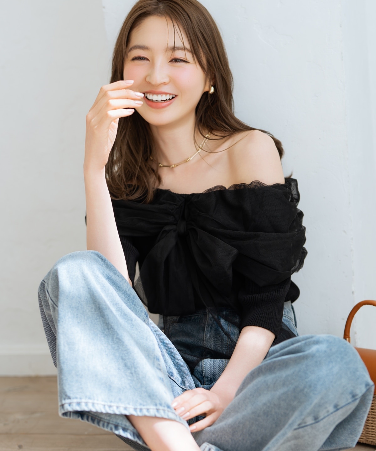 リボンチュールレイヤードリブニット