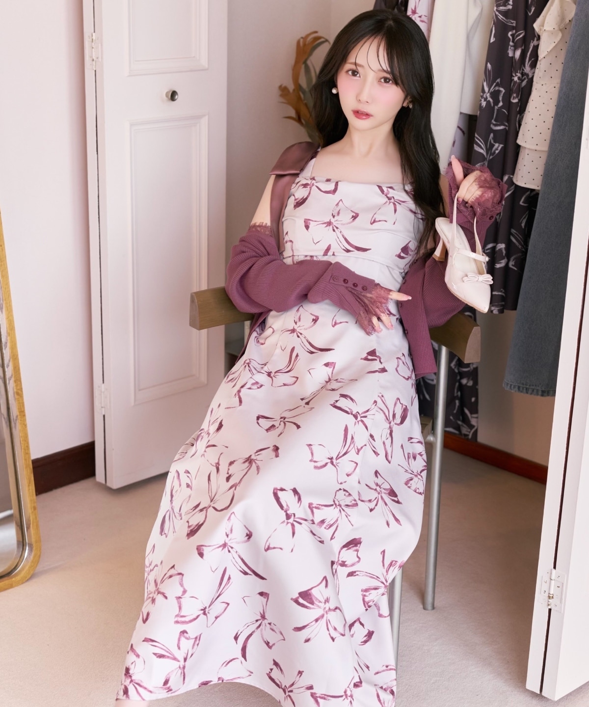【8/7(fri)20時発売】リボンプリントアシメショルダーキャミワンピース