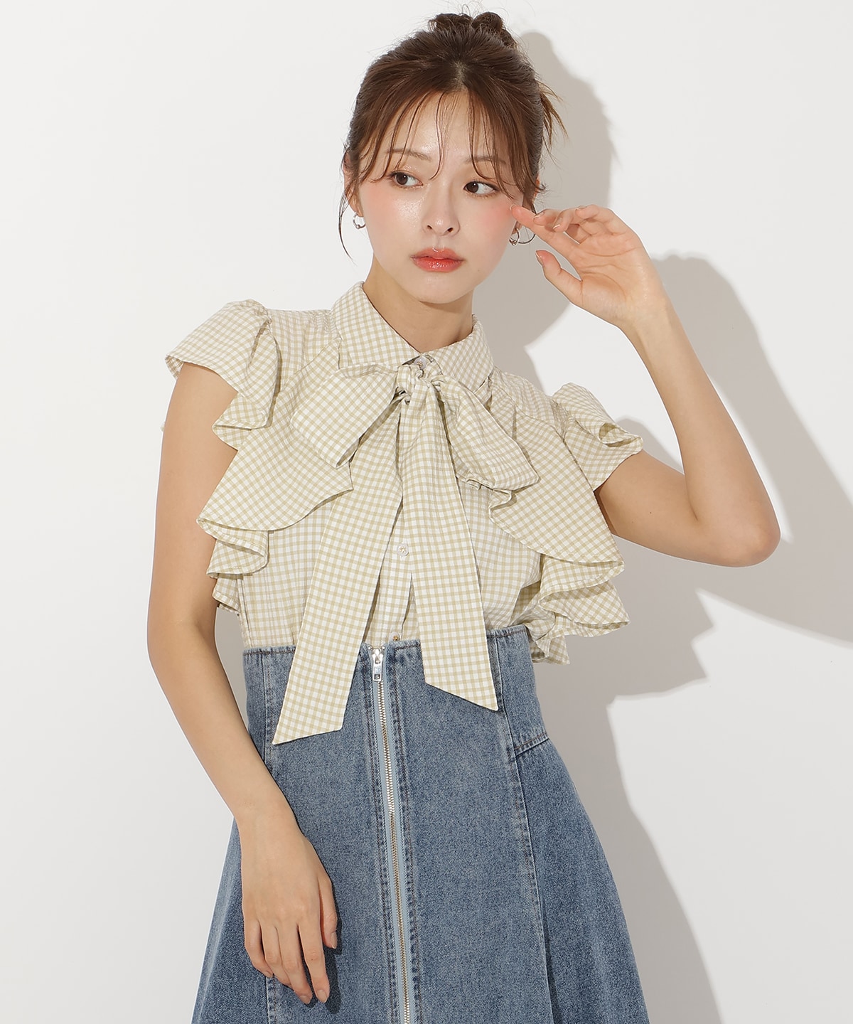 ギンガムサッカーフリルブラウス