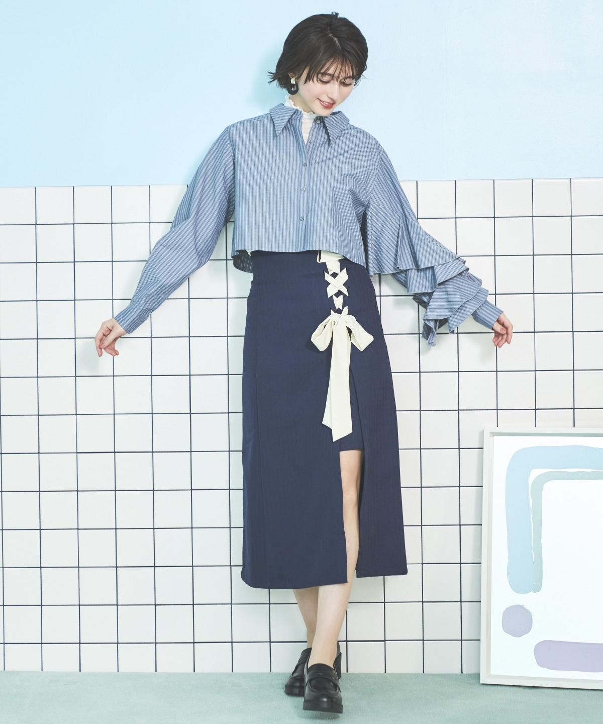 サイドレースアップリボンスリットスカート