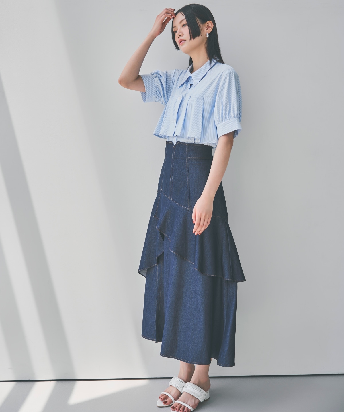 デニムライクレイヤードフリルスカート