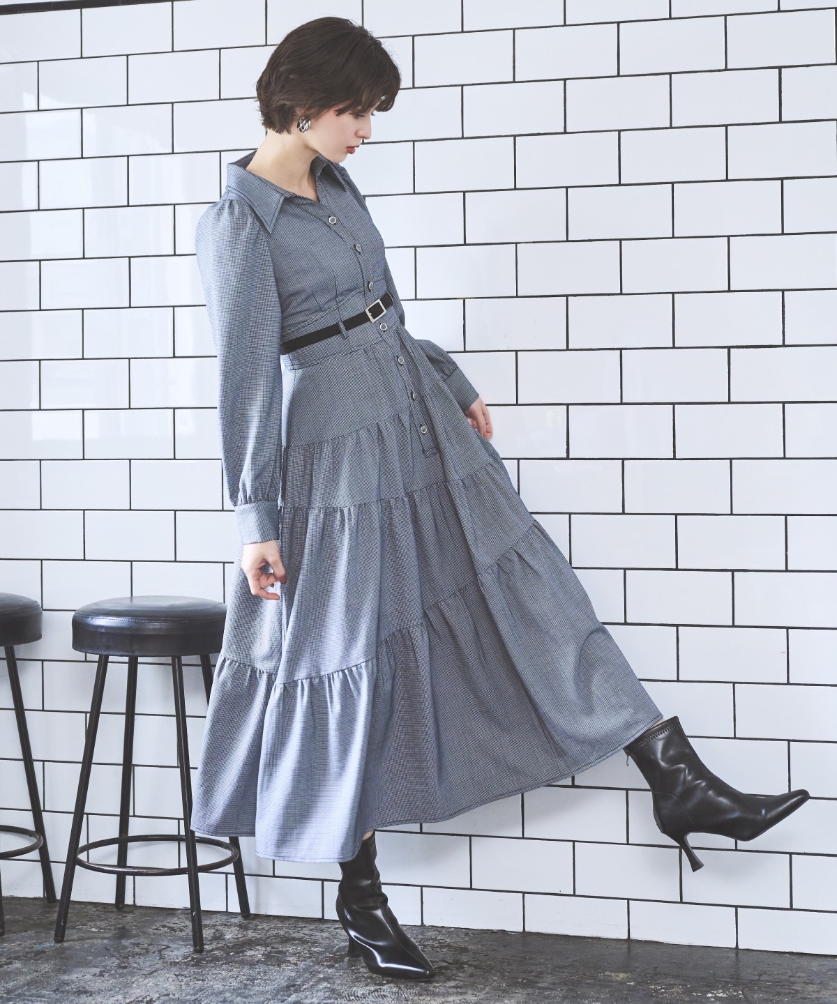 ラメ千鳥ティアードシャツワンピース