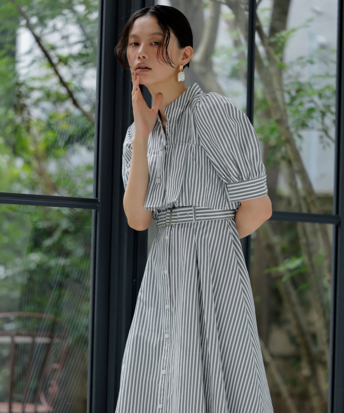 ビスチェ切替ストライプシャツワンピース