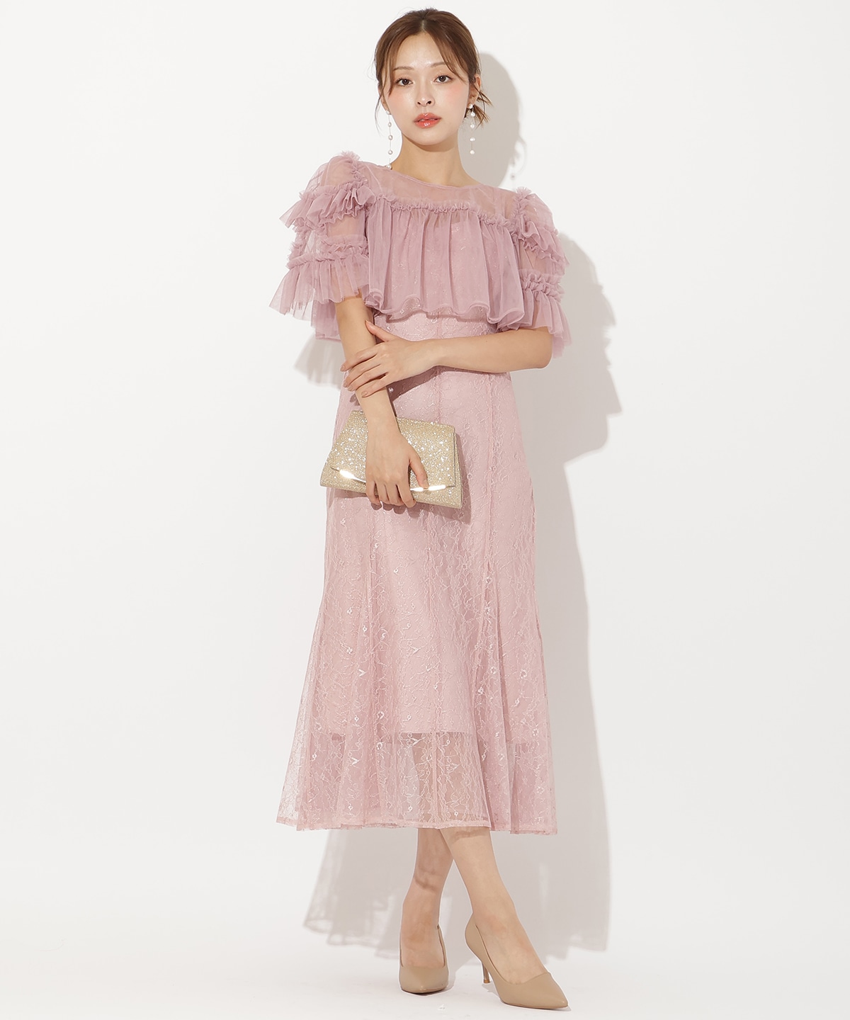 チュールフリルブラウス+レースキャミドレス