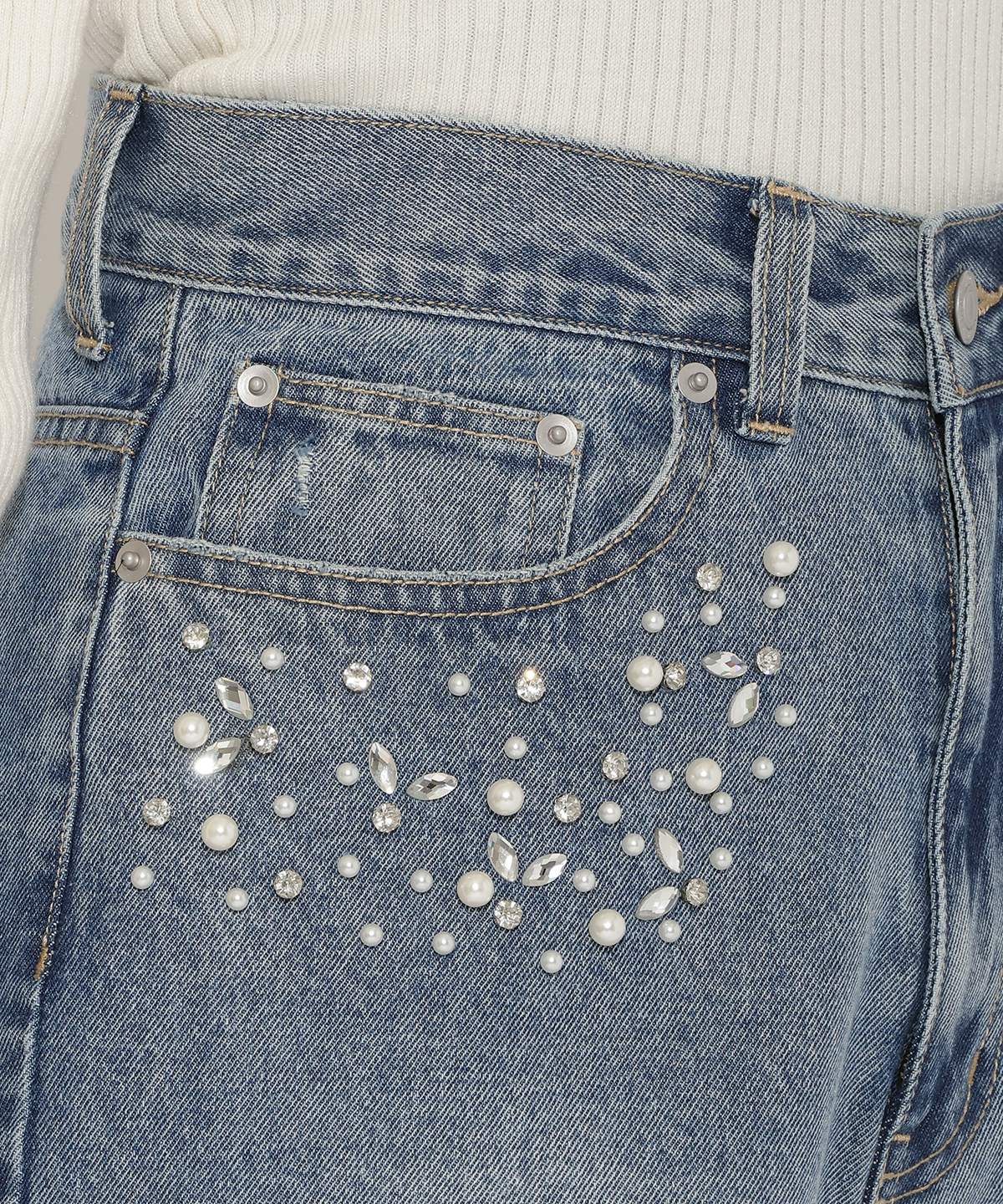 パール×ビジューダメージデニム