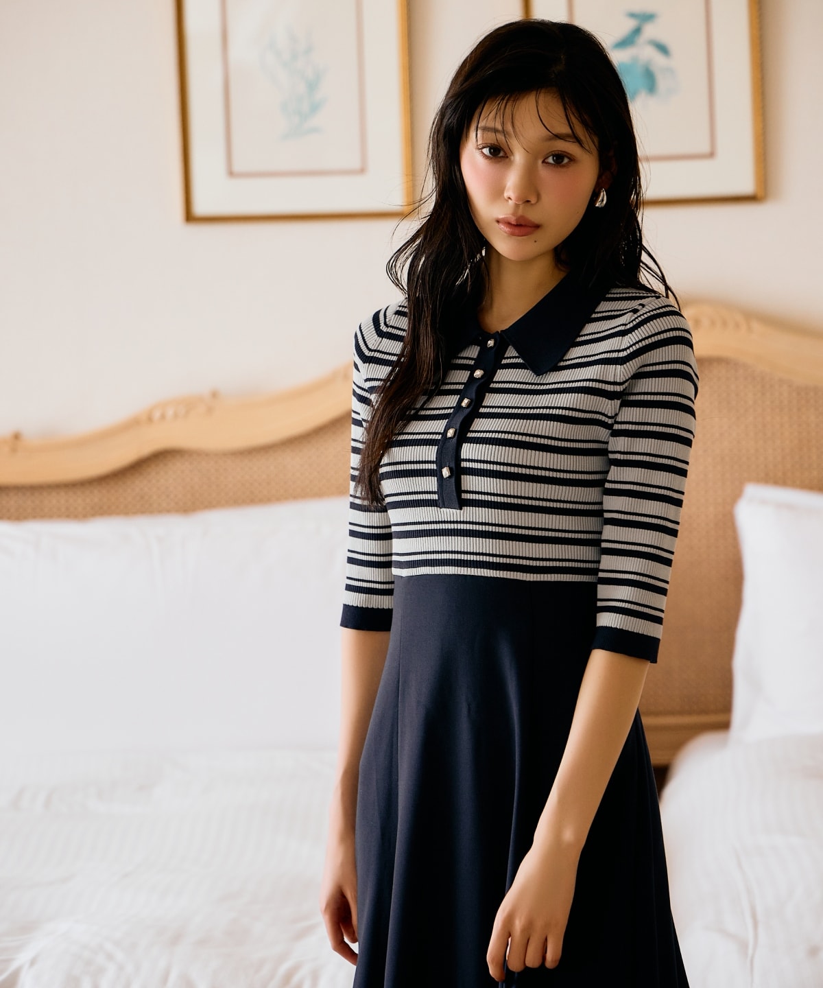 襟付きボーダードッキングワンピース