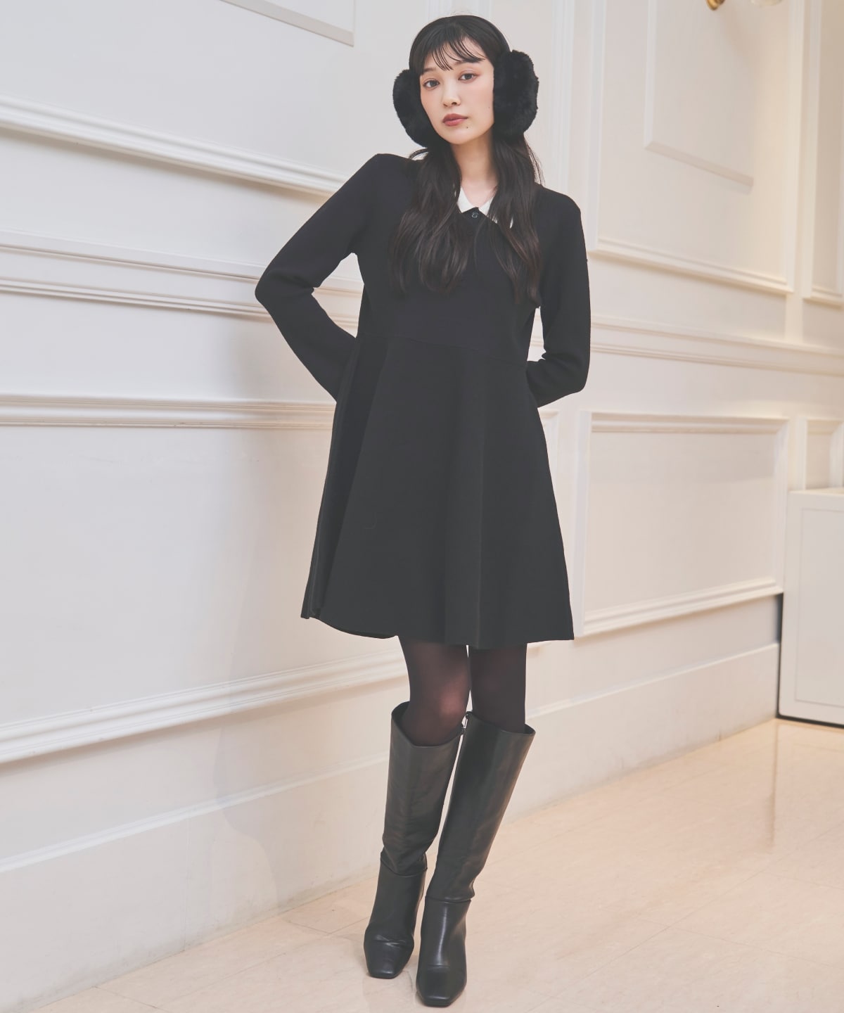 バイカラーポロニットフレアミニワンピース