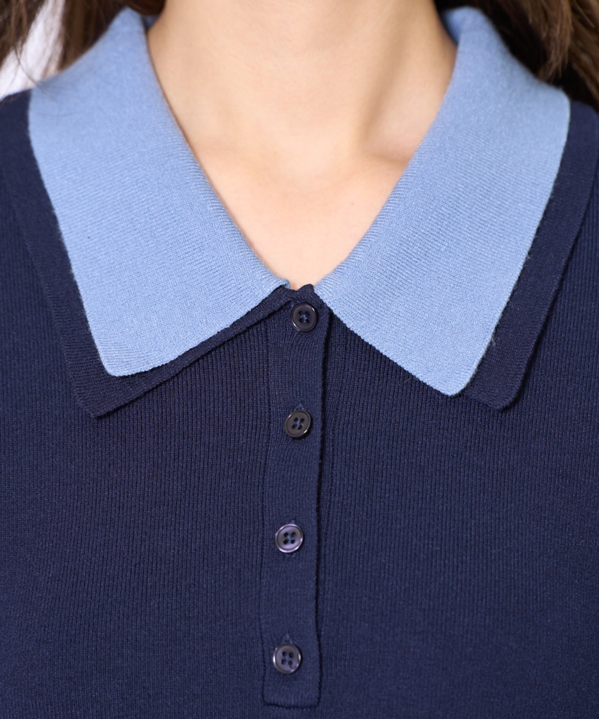 バイカラーポロニットフレアミニワンピース