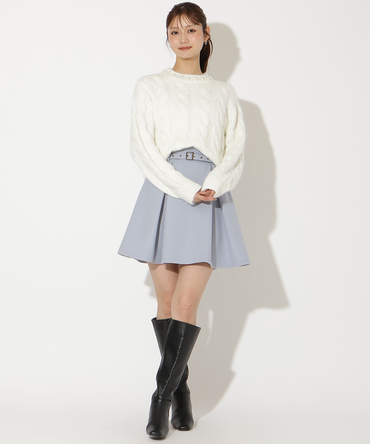 パール襟ケーブルニットプルオーバー