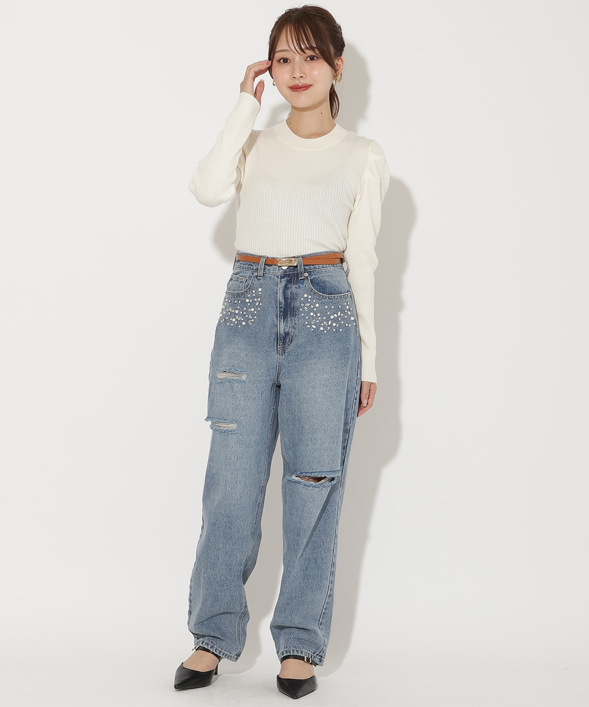 肩ギャザーハイネックリブニット