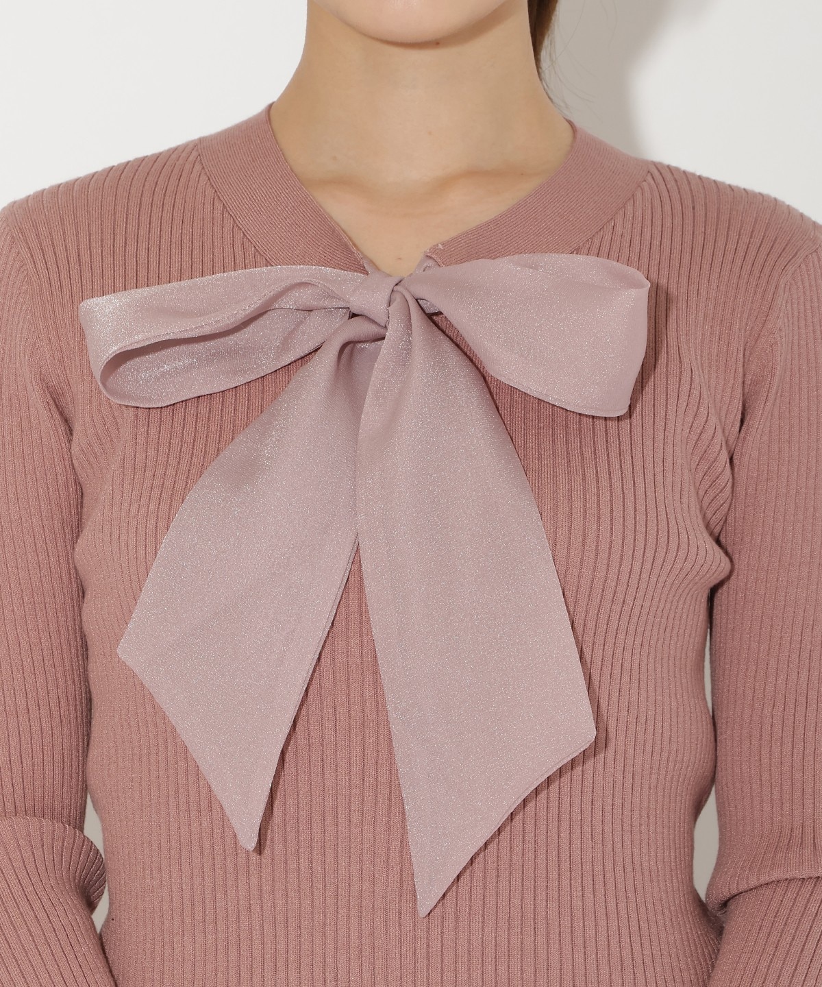 リボンボウタイ付きリブプルオーバー