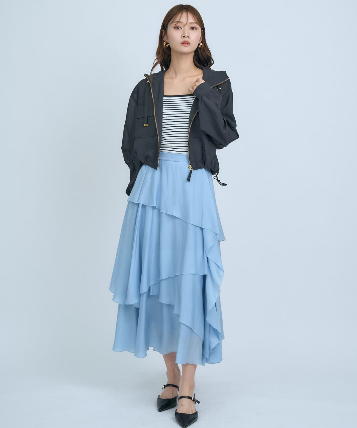 アシンメトリーシフォンラッフルスカート