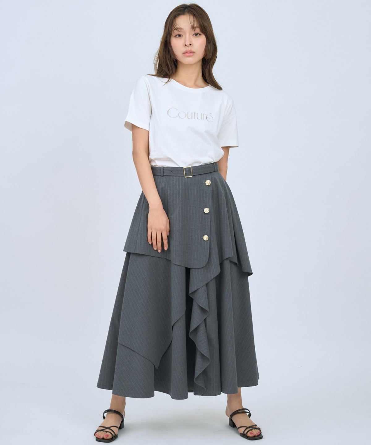 ベルト付きレイヤードデザインフレアスカート