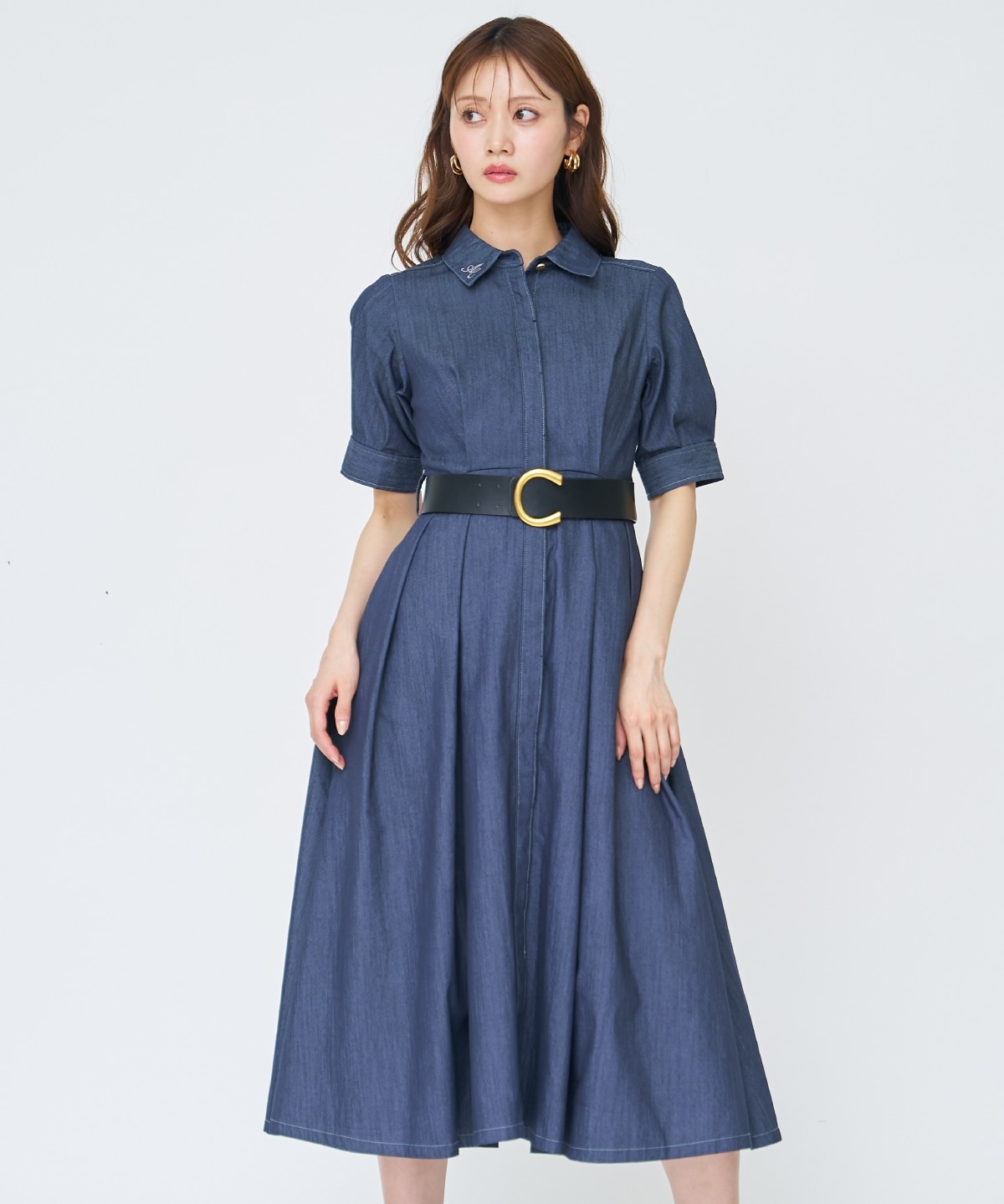 【先行予約受付中】ベルト付き５分袖デニムワンピース