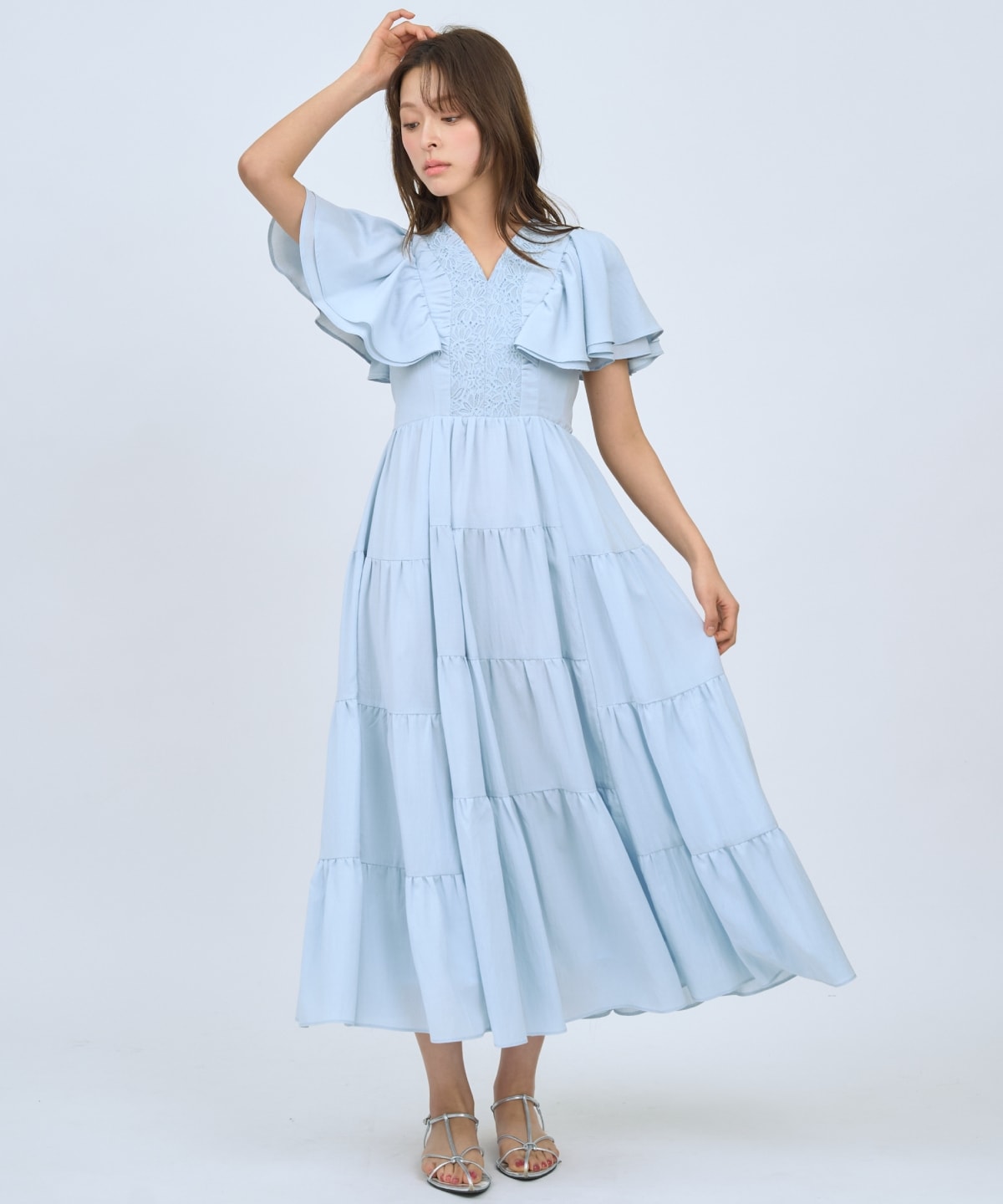 【先行予約受付中】Vネック襟レースティアードワンピース
