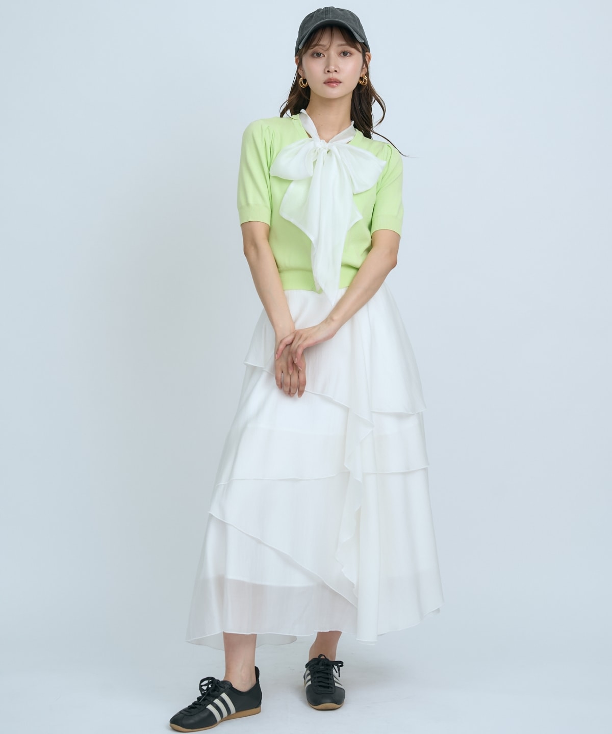 【先行予約受付中】異素材リボン半袖ニットカーディガン