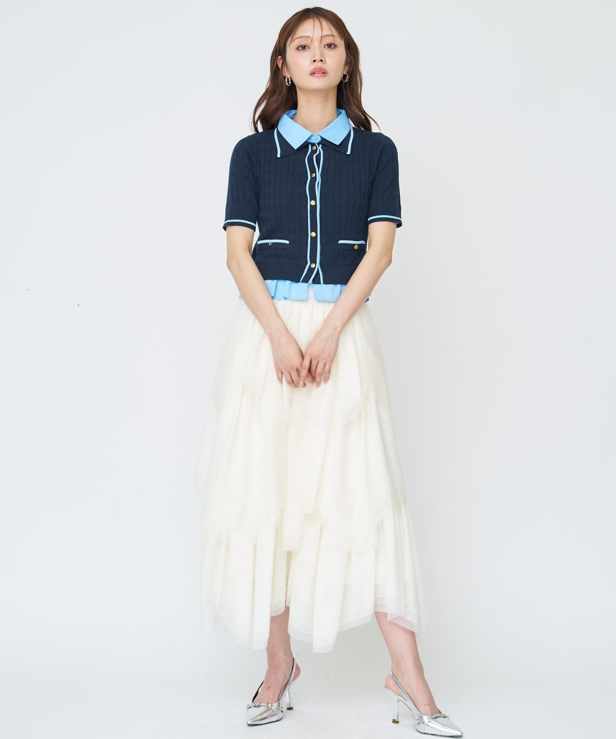 【先行予約受付中】配色シャツ襟ペプラムニットプルオーバー