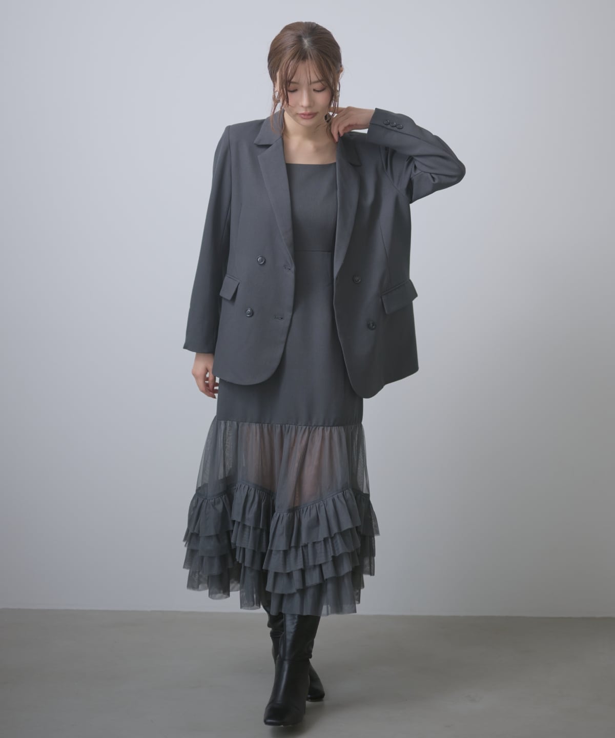 ジャケット×シアーチュールレイヤーワンピース