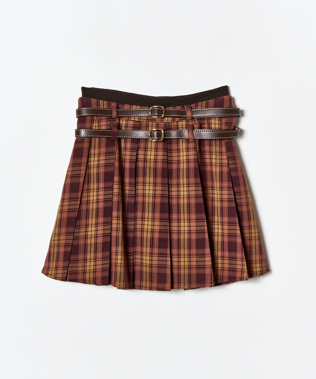 ダブルベルトチェックプリーツミニスカート