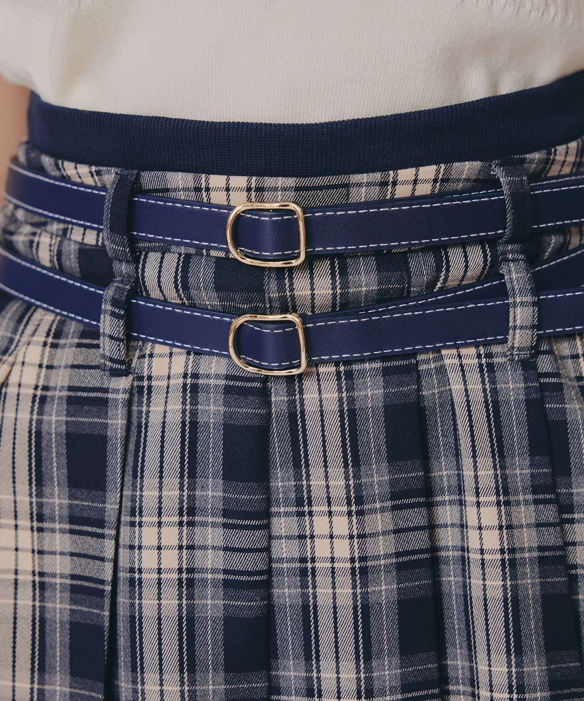 ダブルベルトチェックプリーツミニスカート
