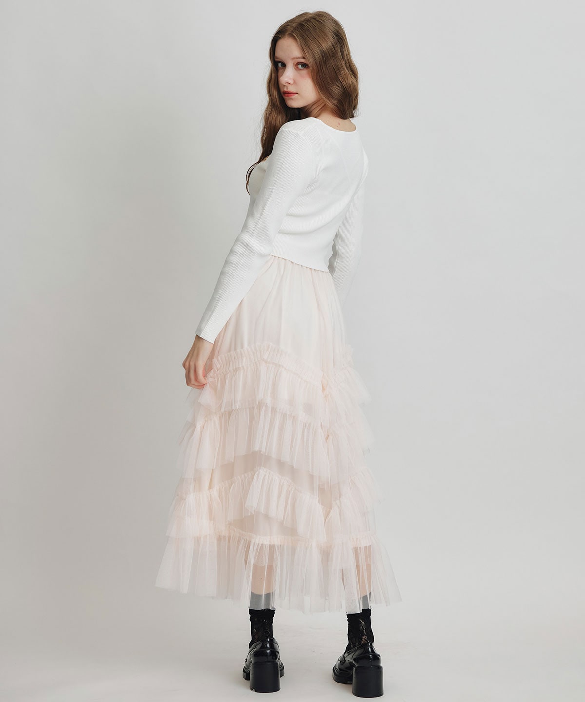 ギャザーチュールティアードロングスカート