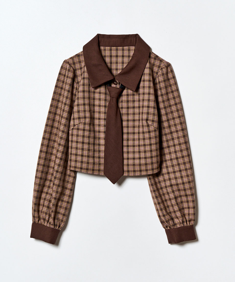 バイカラークラシックチェックブラウス×ミニスカートセットアップ