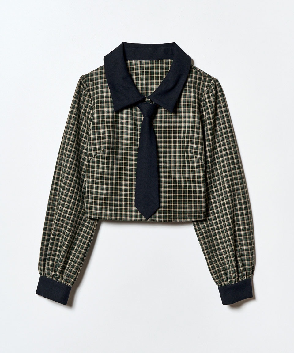 バイカラークラシックチェックブラウス×ミニスカートセットアップ