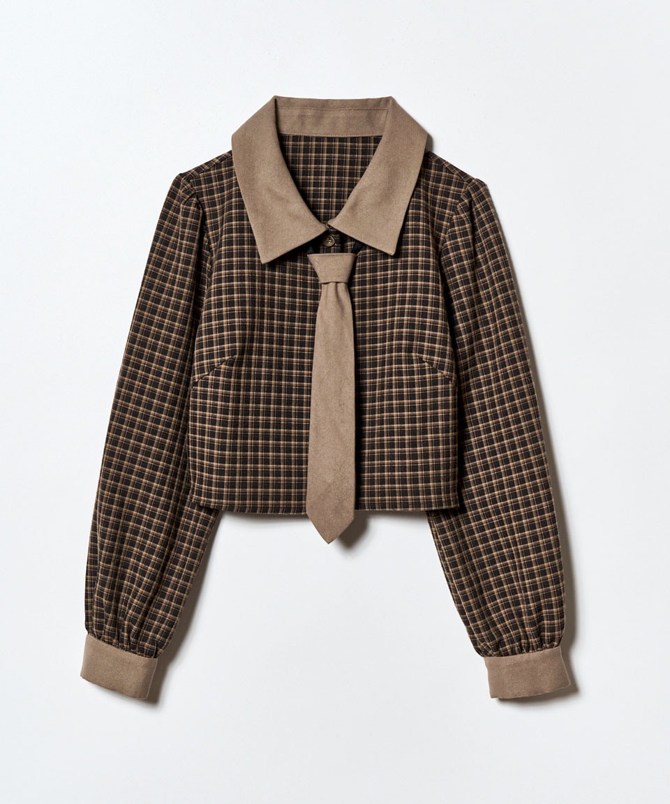 バイカラークラシックチェックブラウス×ミニスカートセットアップ