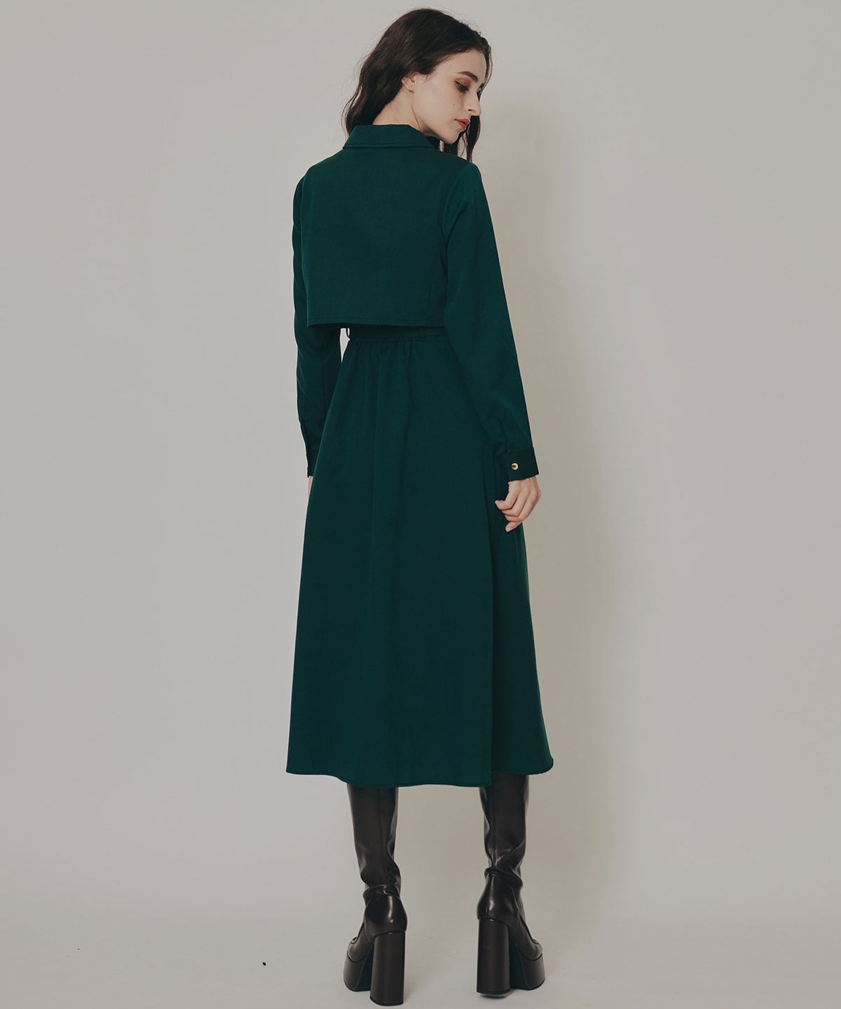 バイカラーアシメプリーツロングスリーブシャツワンピース