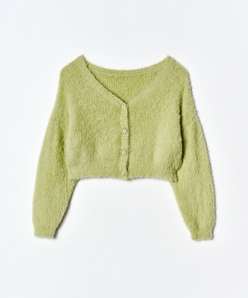 フェザーヤーンビジューボタンカーディガン