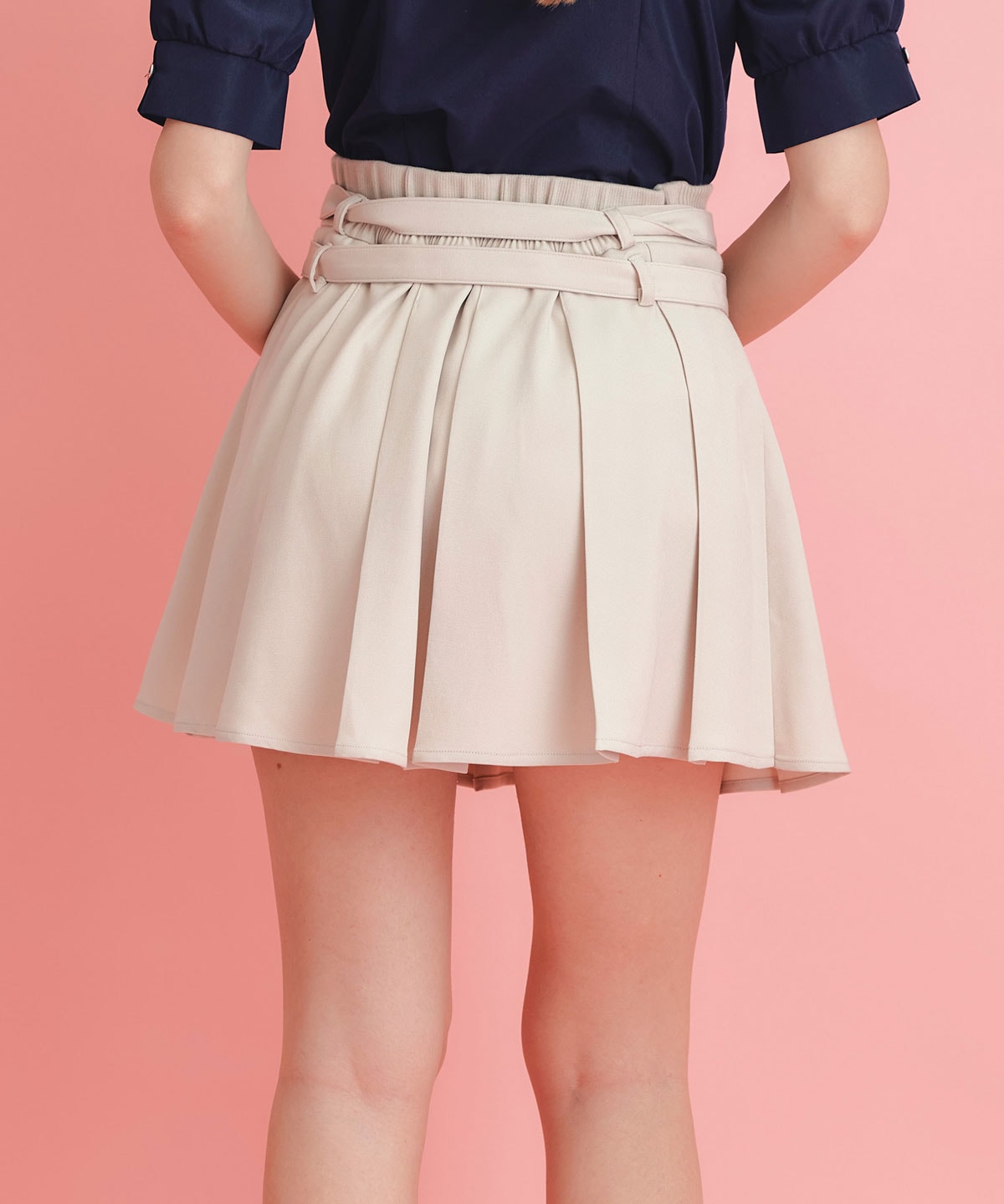 ウエストリブダブルベルトプリーツミニスカート