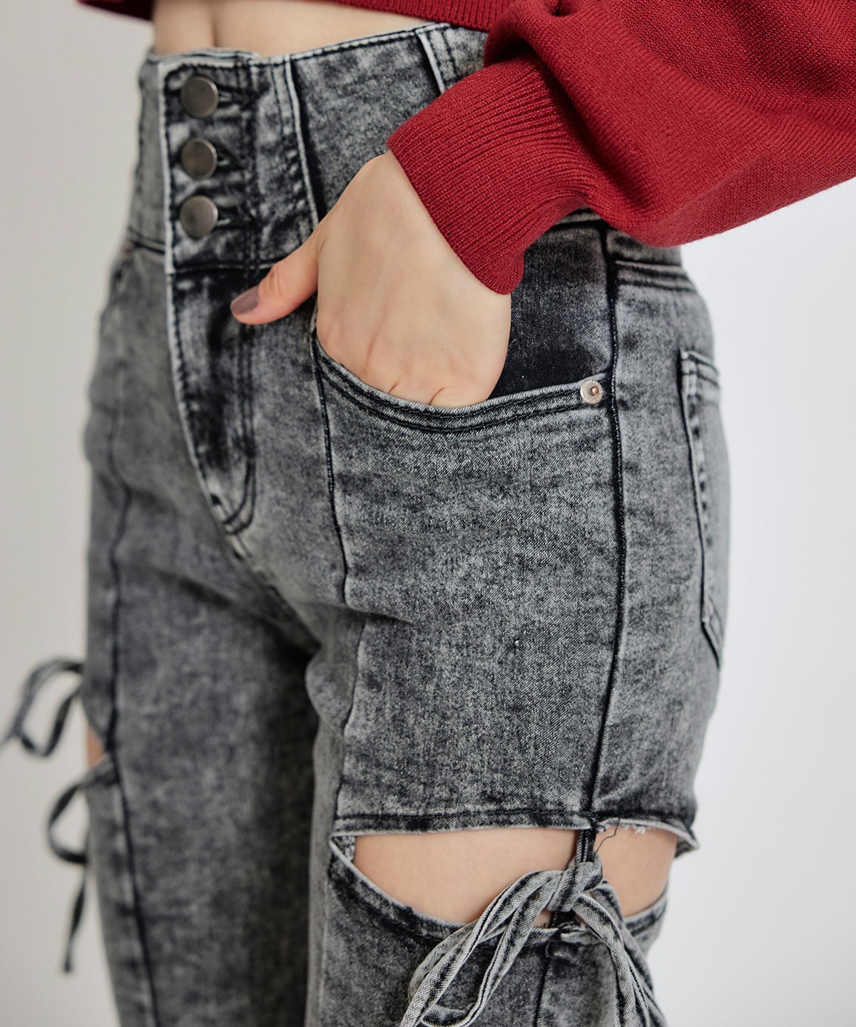 カットアウトリボンストレッチデニム