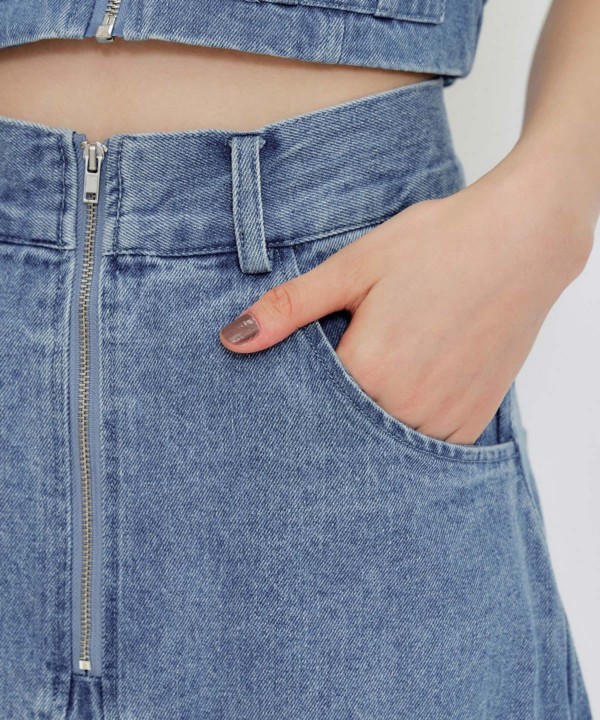 【Chemical Wash Series】ケミカルウォッシュデニムショートビスチェ×ZIPフレアロングスカート