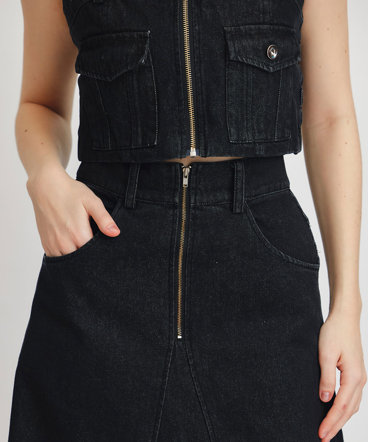 【Chemical Wash Series】ケミカルウォッシュデニムショートビスチェ×ZIPフレアロングスカート