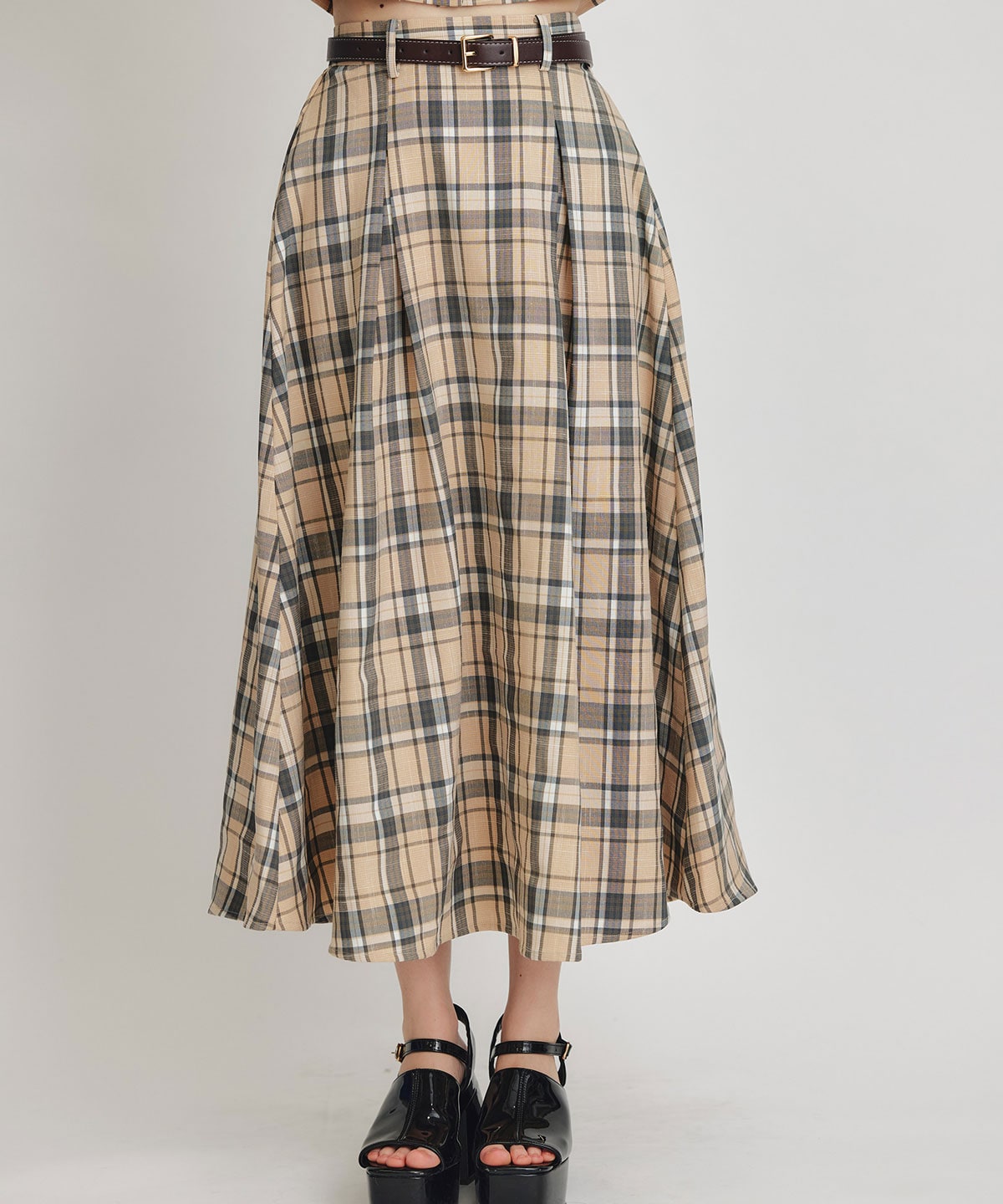 バイカラーチェックブラウス×フレアロングスカートセットアップ