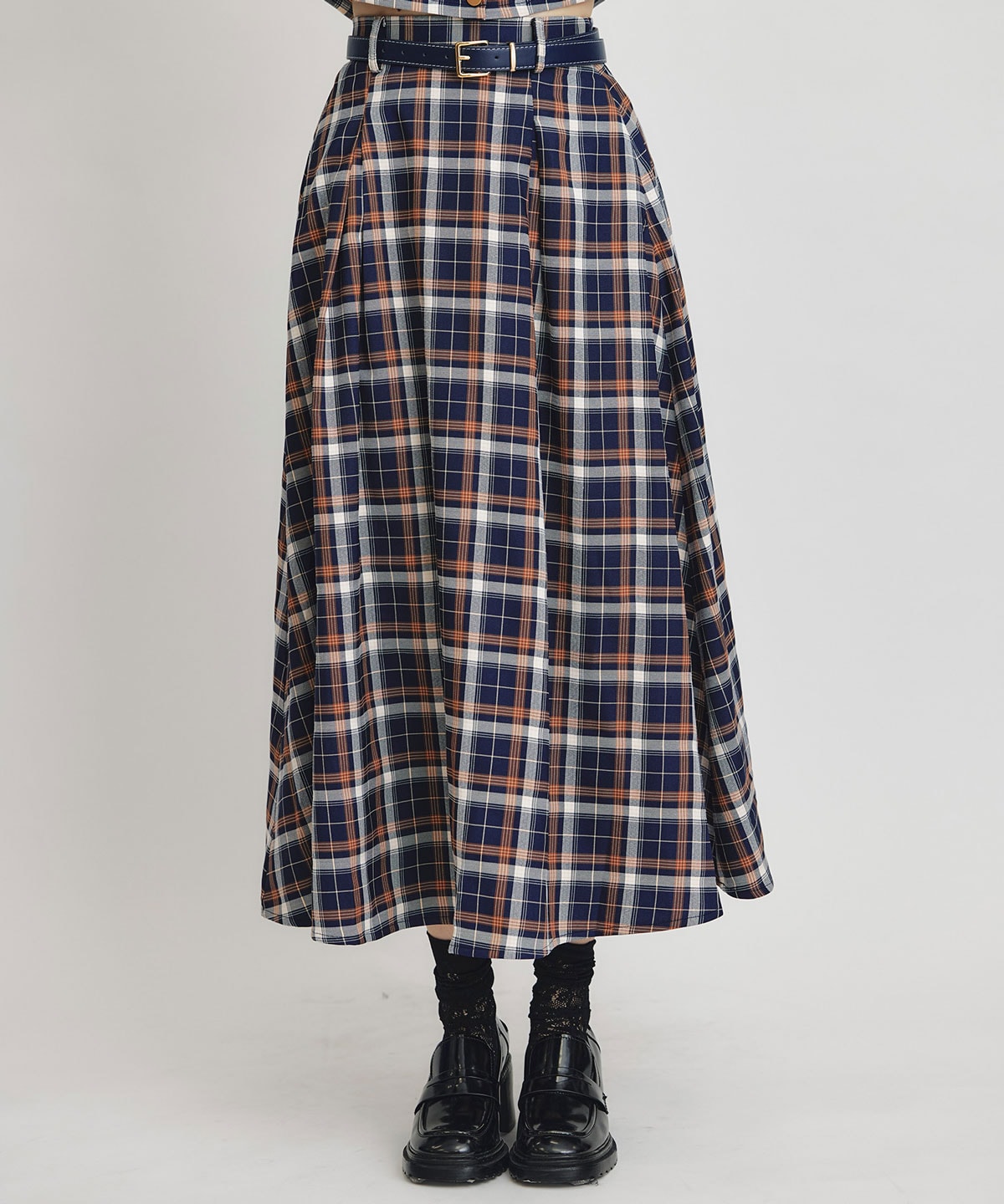 バイカラーチェックブラウス×フレアロングスカートセットアップ